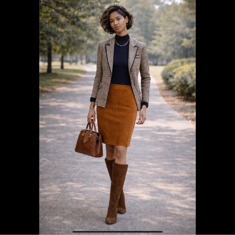 True vintage suede—real leather with clean tailoring an earlier designer era.